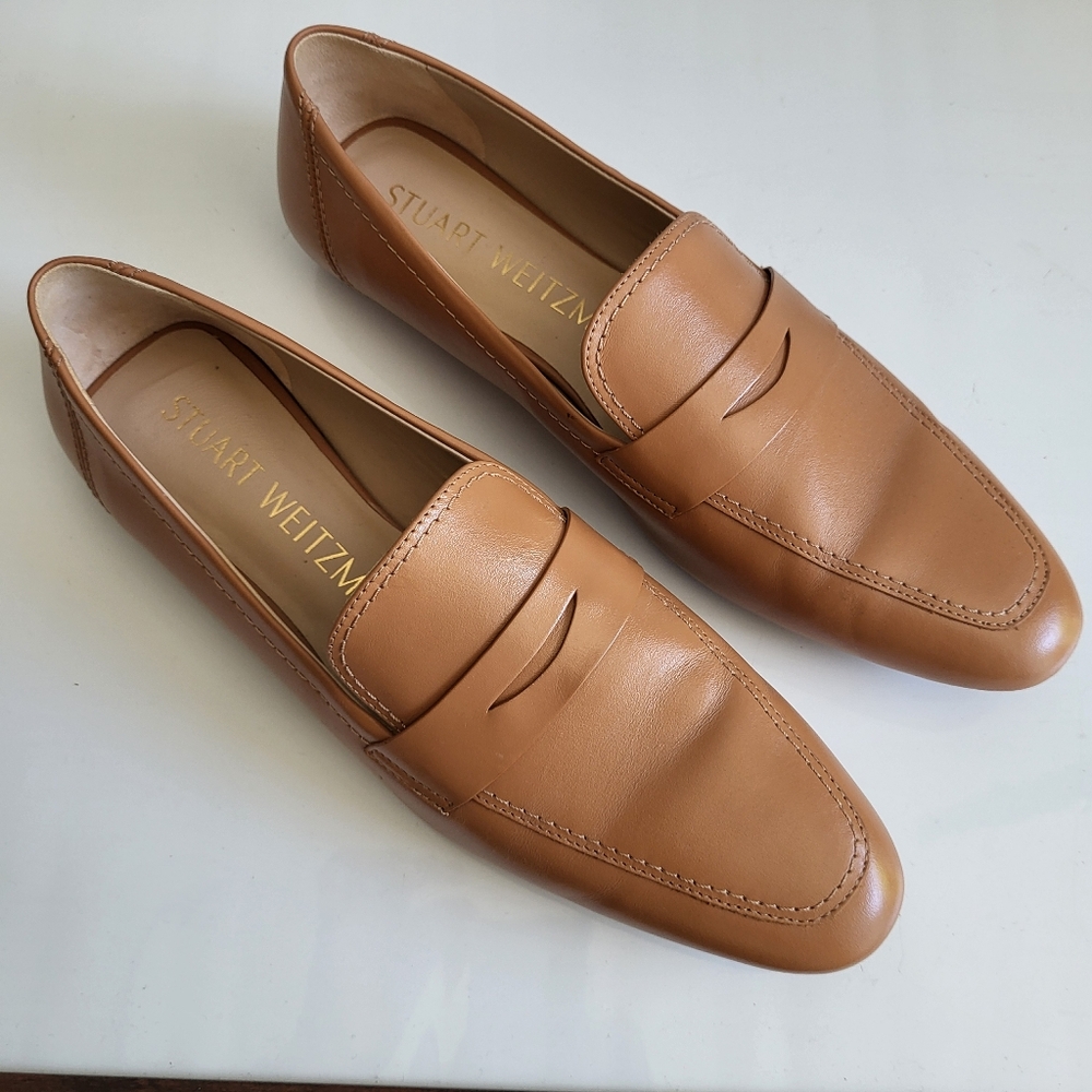Stuart Weitzman Tan Flats Sleek Penny Loafers - Picture 9 of 11